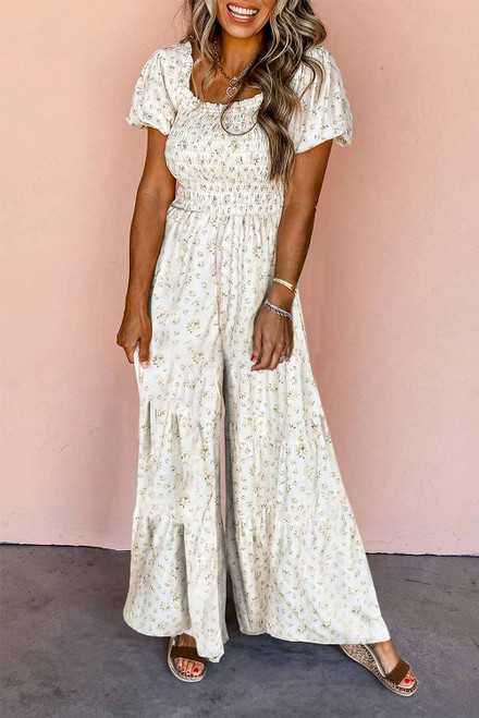 White Boho Floral Smocked Wide Leg Short Puff Sleeve Jumpsuit White Boho Floral Smocked Wide Leg Short Puff Sleeve Jumpsuit