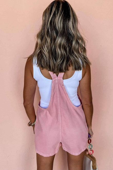 Pink Solid Color Knot Straps Denim Romper with Pockets Pink Solid Color Knot Straps Denim Romper with Pockets