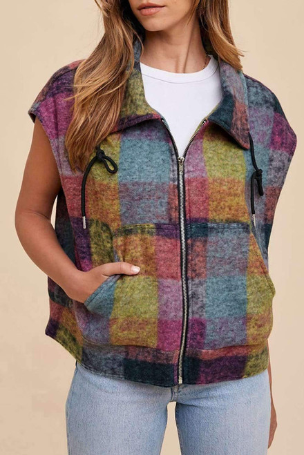 Multicolor Plaid Print Side Pockets Zipped Loose Vest