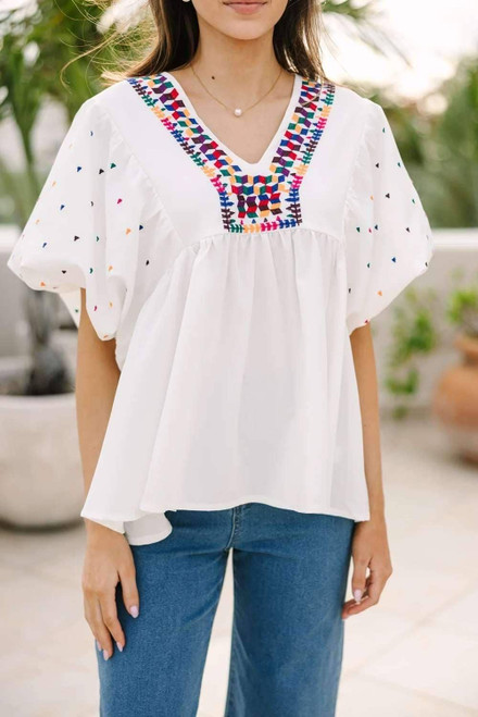White Embroidered Puff Sleeve V Neck Blouse White Embroidered Puff Sleeve V Neck Blouse