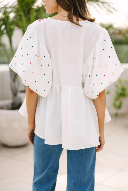 White Embroidered Puff Sleeve V Neck Blouse White Embroidered Puff Sleeve V Neck Blouse