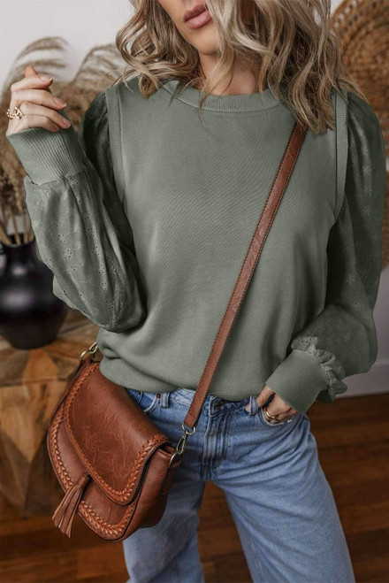 Grayish Green Textured Patchwork Round Neck Sweatshirt Grayish Green Textured Patchwork Round Neck Sweatshirt