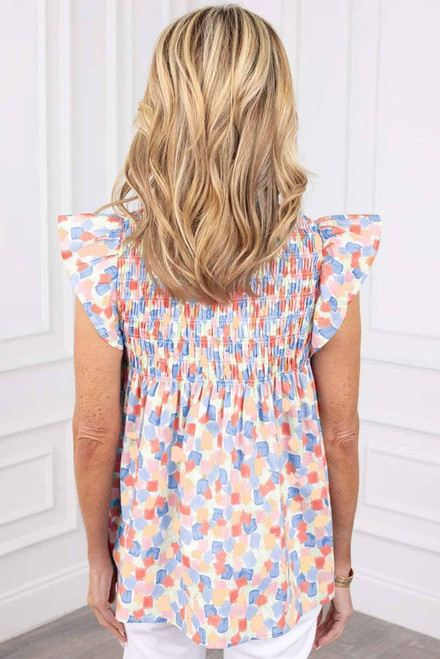 Pink Shirred Yoke Ruffled Abstract Printed Blouse Pink Shirred Yoke Ruffled Abstract Printed Blouse