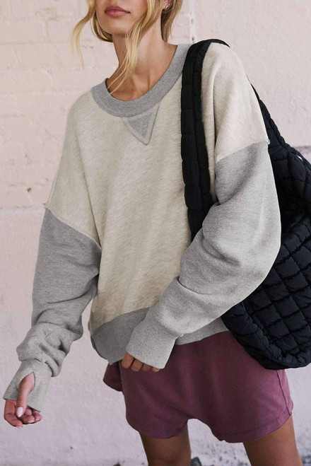 Light Grey Color Block Thumbhole Sleeve Drop Shoulder Sweatshirt Light Grey Color Block Thumbhole Sleeve Drop Shoulder Sweatshirt