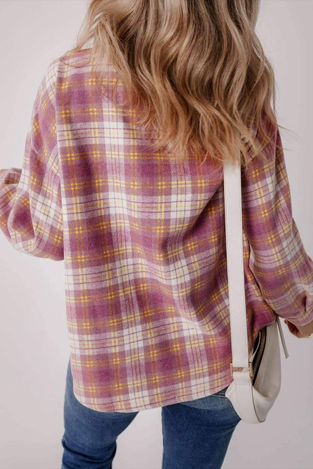 Pink Plaid Print Chest Pocket Long Sleeve Shacket