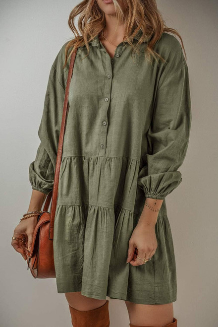 Jungle Green Puff Sleeve Buttoned Tiered Pleated Shirt Mini Dress Jungle Green Puff Sleeve Buttoned Tiered Pleated Shirt Mini Dress