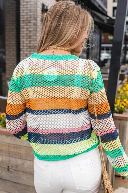 Green Colorblock Patchwork Knit Crochet Eyelet Sweater Green Colorblock Patchwork Knit Crochet Eyelet Sweater