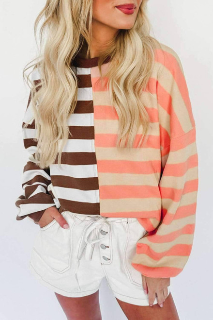 Brown Stripe Color Block Drop Shoulder Pullover Sweatshirt Brown Stripe Color Block Drop Shoulder Pullover Sweatshirt
