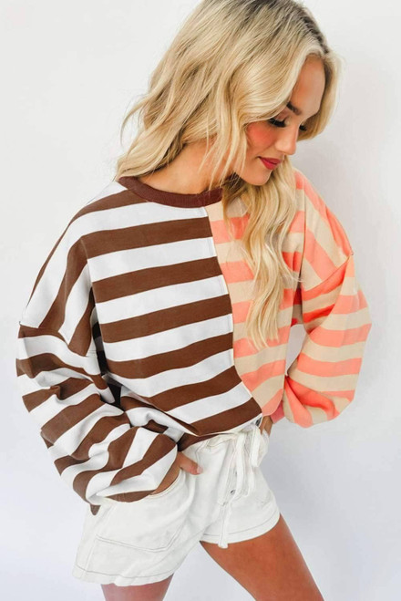 Brown Stripe Color Block Drop Shoulder Pullover Sweatshirt Brown Stripe Color Block Drop Shoulder Pullover Sweatshirt