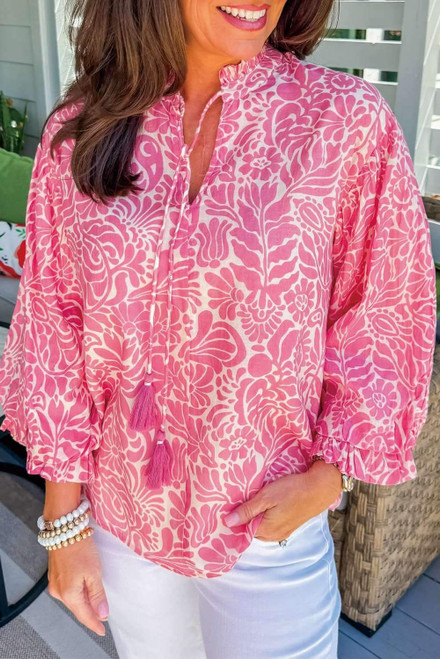 Pink Plus Size Floral Print Frilled Neck Puff Sleeve Top Pink Plus Size Floral Print Frilled Neck Puff Sleeve Top