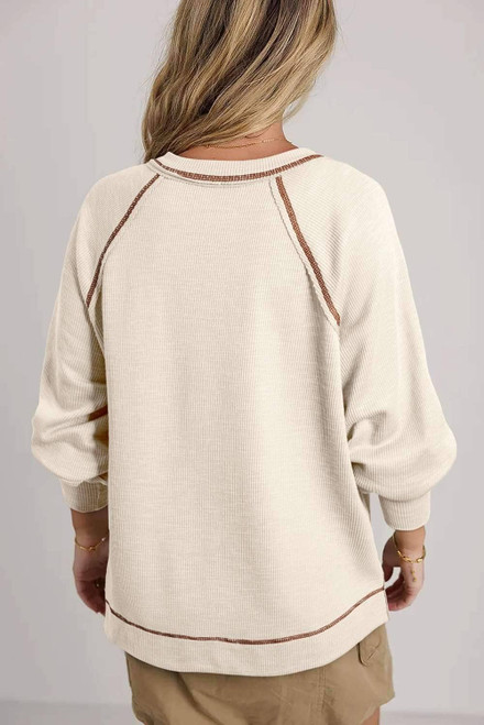 Beige Exposed Seam Textured Knit V Neck Pullover Top