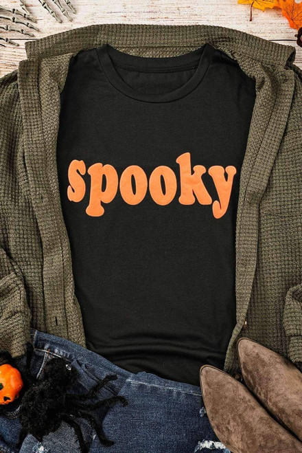 Black Halloween Spooky Crew Neck Casual Graphic Tee Black Halloween Spooky Crew Neck Casual Graphic Tee