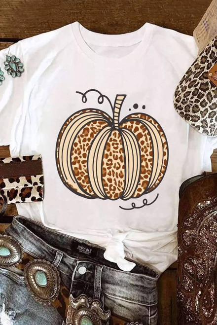 White Leopard Pumpkin Graphic Crewneck Halloween T Shirt White Leopard Pumpkin Graphic Crewneck Halloween T Shirt