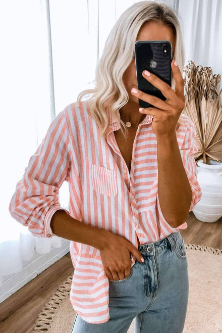 Pink Stripe Buttoned Long Sleeve Casual Shirt Pink Stripe Buttoned Long Sleeve Casual Shirt