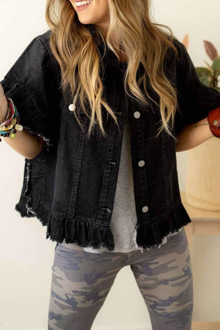 Black Raw Edge Ruffled Short Sleeve Denim Jacket Black Raw Edge Ruffled Short Sleeve Denim Jacket
