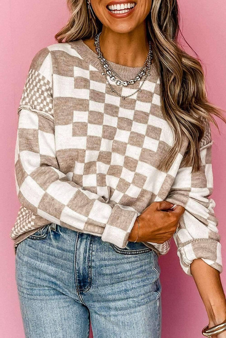 Khaki Checkered Print Drop Shoulder Round Neck Sweater Khaki Checkered Print Drop Shoulder Round Neck Sweater