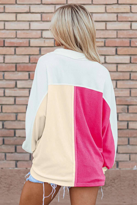 Rose Red Colorblock Ribbed Collared Oversized Sweatshirt Rose Red Colorblock Ribbed Collared Oversized Sweatshirt