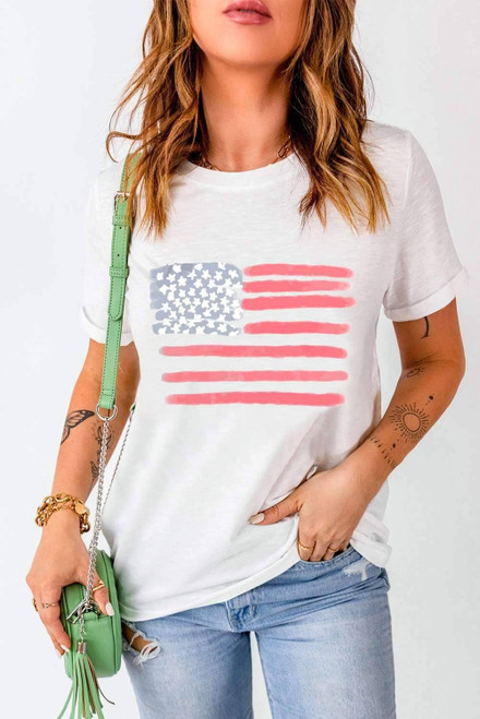 White American Flag Pattern Crew Neck Short Sleeve Tee White American Flag Pattern Crew Neck Short Sleeve Tee