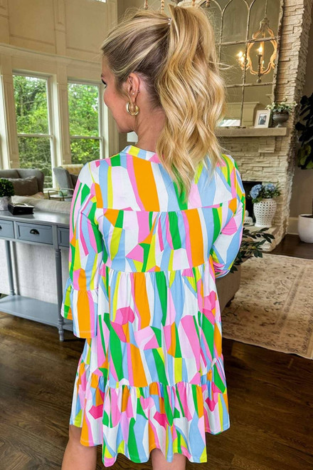 Green Abstract Print Ruffled Sleeve V Neck Dress Green Abstract Print Ruffled Sleeve V Neck Dress