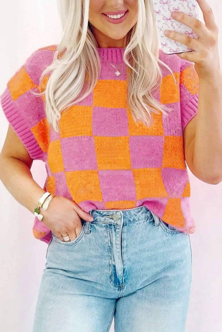 Strawberry Pink Colorblock Plaid Pattern Ribbed Trim Sweater Tank Top Strawberry Pink Colorblock Plaid Pattern Ribbed Trim Sweater Tank Top