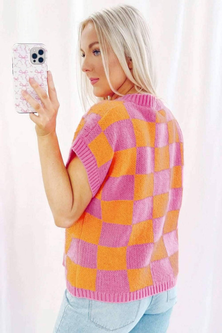 Strawberry Pink Colorblock Plaid Pattern Ribbed Trim Sweater Tank Top Strawberry Pink Colorblock Plaid Pattern Ribbed Trim Sweater Tank Top