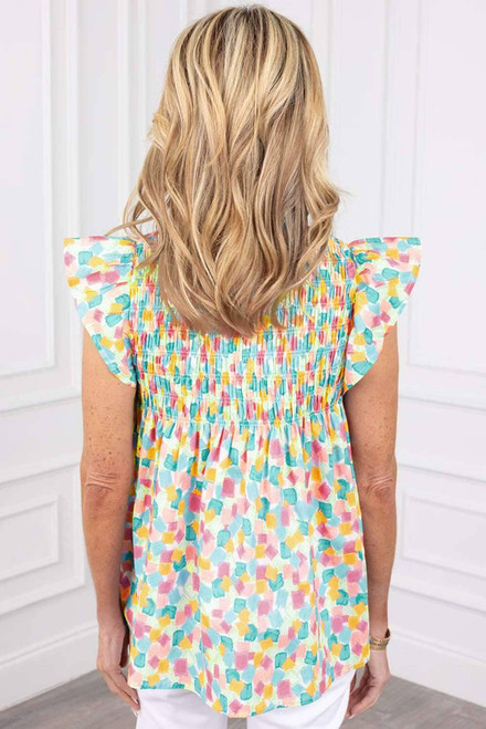 Green Shirred Yoke Ruffled Abstract Printed Blouse Green Shirred Yoke Ruffled Abstract Printed Blouse