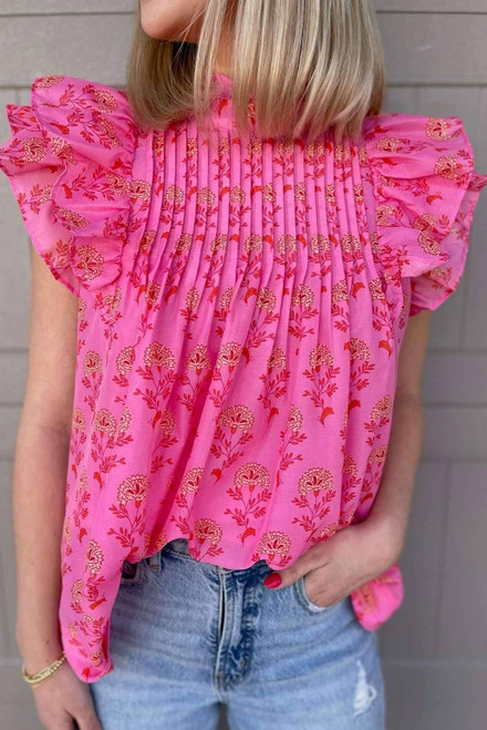 Rose Red Floral Print Pleated Ruffled Flutter Sleeve Blouse Rose Red Floral Print Pleated Ruffled Flutter Sleeve Blouse