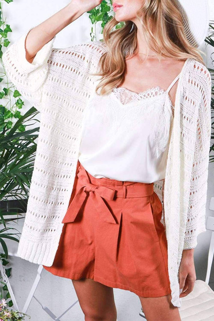 White Pointelle Knit Bracelet Sleeve Open Cardigan White Pointelle Knit Bracelet Sleeve Open Cardigan