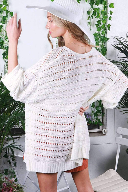 White Pointelle Knit Bracelet Sleeve Open Cardigan White Pointelle Knit Bracelet Sleeve Open Cardigan