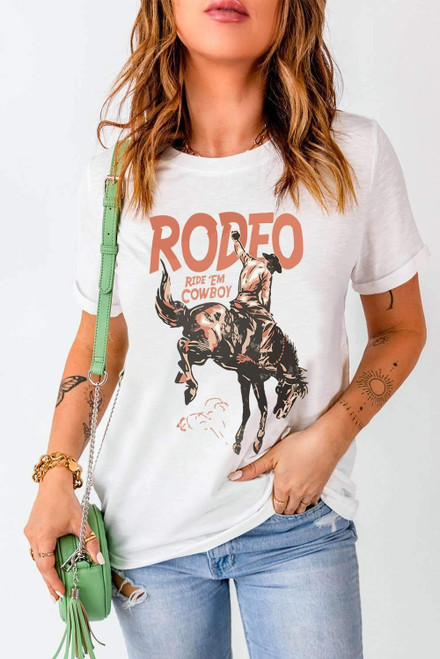 White RODEO Cowboy Graphic Crewneck T Shirt White RODEO Cowboy Graphic Crewneck T Shirt