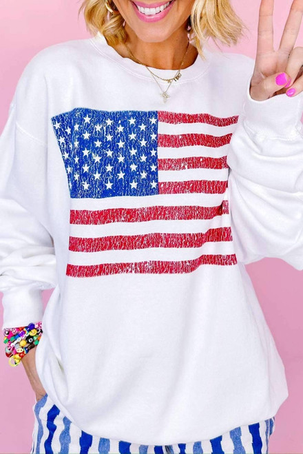 White American Flag Graphic Drop Shoulder Loose Sweatshirt White American Flag Graphic Drop Shoulder Loose Sweatshirt