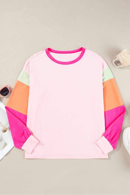 Pink Colorblock Patchwork Long Sleeve Loose Top Pink Colorblock Patchwork Long Sleeve Loose Top