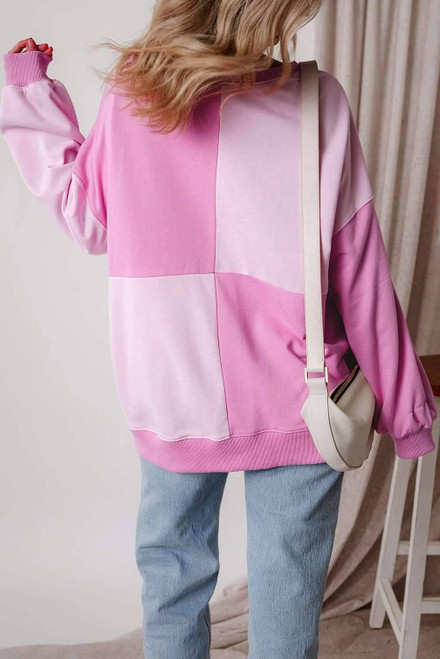 Pink Colorblock Henley High Low Oversize Sweatshirt Pink Colorblock Henley High Low Oversize Sweatshirt