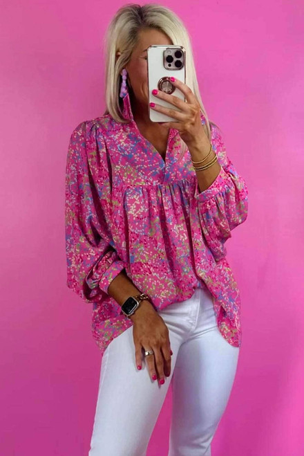 Bonbon Abstract Print Collared V Neck Babydoll Blouse Bonbon Abstract Print Collared V Neck Babydoll Blouse