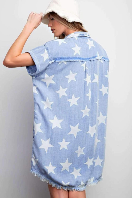 Sky Blue Stars Frayed Hem Collared Short Sleeve Denim Dress Sky Blue Stars Frayed Hem Collared Short Sleeve Denim Dress