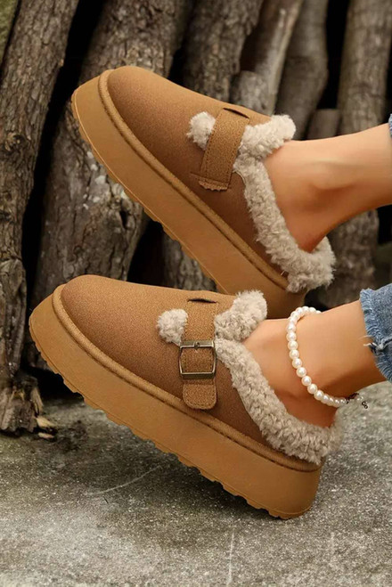 Brown Plush Patched Buckle Decor Thick Sole Thermal Slippers Brown Plush Patched Buckle Decor Thick Sole Thermal Slippers