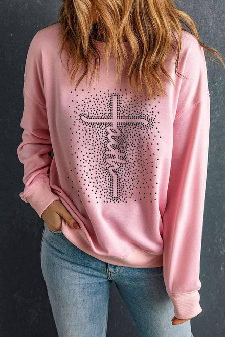 Pink Faith Graphic Studded Pullover Sweatshirt Pink Faith Graphic Studded Pullover Sweatshirt