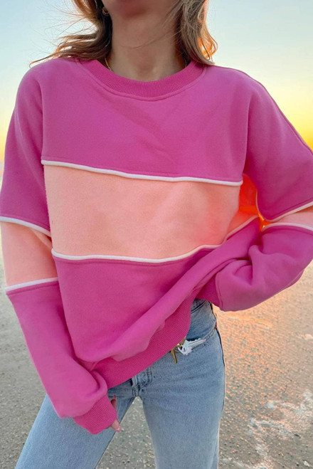 Sachet Pink Colorblock Patchwork Drop Shoulder Ribbed Trim Sweatshirt Sachet Pink Colorblock Patchwork Drop Shoulder Ribbed Trim Sweatshirt