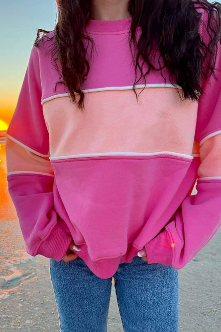 Sachet Pink Colorblock Patchwork Drop Shoulder Ribbed Trim Sweatshirt Sachet Pink Colorblock Patchwork Drop Shoulder Ribbed Trim Sweatshirt