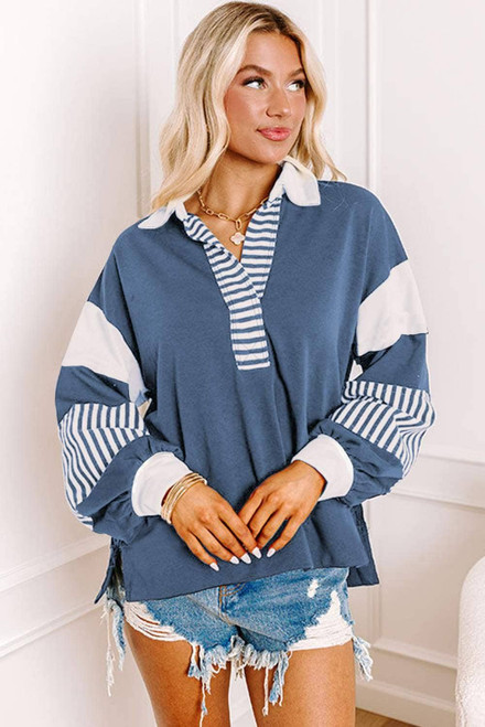 Sail Blue Striped Colorblock Patchwork Collar Sweatshirt Sail Blue Striped Colorblock Patchwork Collar Sweatshirt