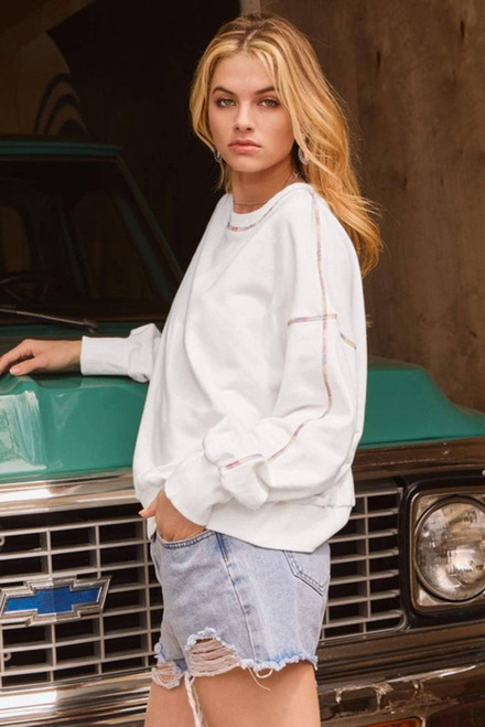 White Contrast Rainbow Trim Drop Shoulder Pullover Sweatshirt White Contrast Rainbow Trim Drop Shoulder Pullover Sweatshirt