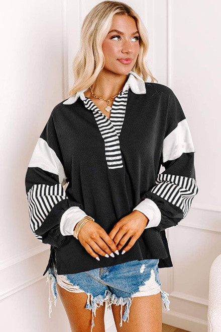 Black Striped Colorblock Patchwork Collar Sweatshirt Black Striped Colorblock Patchwork Collar Sweatshirt