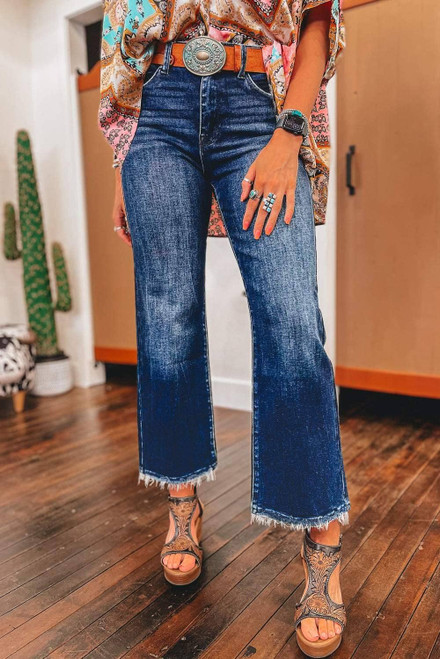 Sail Blue Mineral Wash Raw Hem High Waist Flared Jeans Sail Blue Mineral Wash Raw Hem High Waist Flared Jeans
