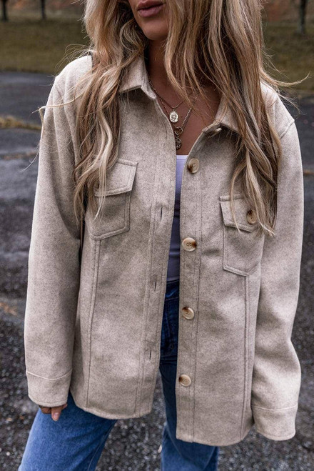 Light Grey Turn Down Collar Flap Pockets Buttoned Shacket Light Grey Turn Down Collar Flap Pockets Buttoned Shacket