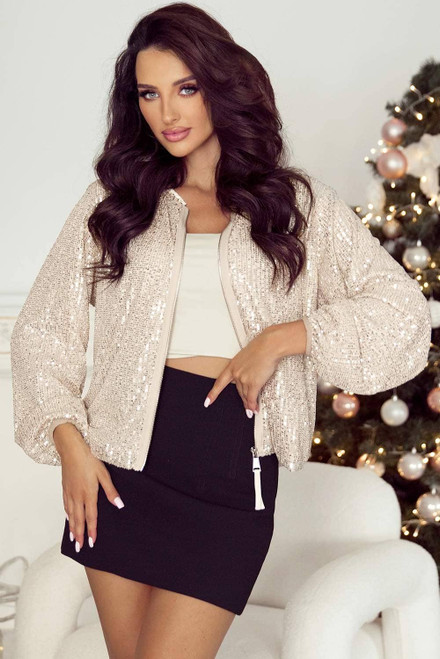 Apricot Sequin Zip up Round Neck Long Sleeve Jacket Apricot Sequin Zip up Round Neck Long Sleeve Jacket