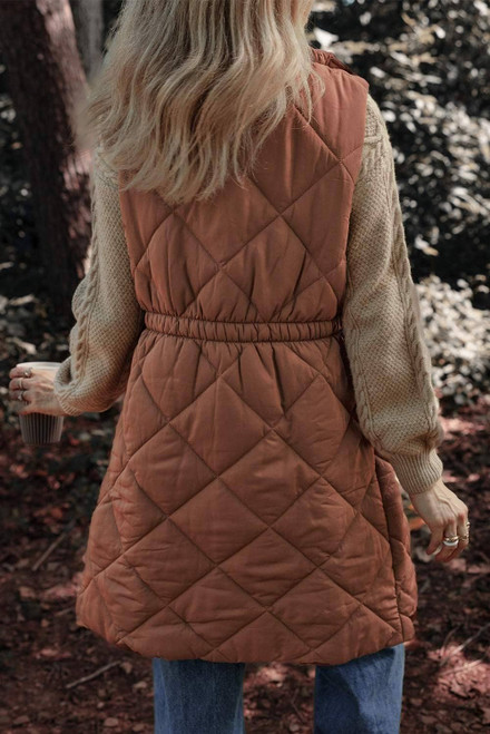 Coffee Longline Quilted Stand Collar Puffer Vest Coffee Longline Quilted Stand Collar Puffer Vest