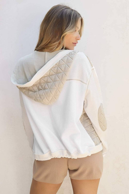 Beige Quilted Textured Patchwork Loose Fit Hooded Jacket Beige Quilted Textured Patchwork Loose Fit Hooded Jacket