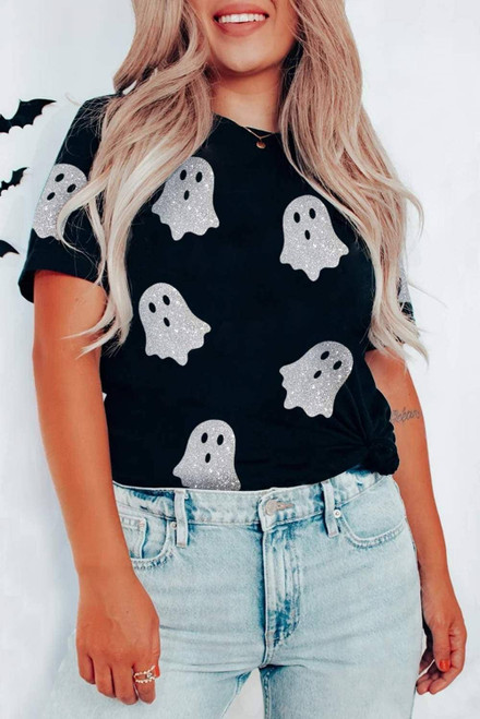 Black Glitter Ghost Pattern Crew Neck Halloween T Shirt Black Glitter Ghost Pattern Crew Neck Halloween T Shirt
