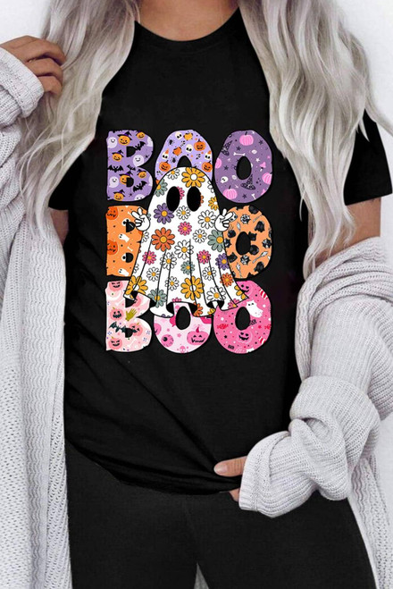 Black BOO Floral Ghost Print Crew Neck Halloween T Shirt Black BOO Floral Ghost Print Crew Neck Halloween T Shirt