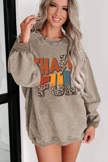 Khaki Leopard THANKFUL Graphic Corded Thanksgiving Sweatshirt Khaki Leopard THANKFUL Graphic Corded Thanksgiving Sweatshirt
